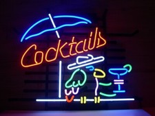 Cocktails Parrot Umbrella 20"x16" Neon Light Sign Lamp Garage Decor With Dimmer