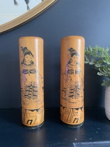 Bamboo wood brush holders - x2,