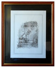 Glenda Rae Framed Pencil Drawing Art Print - Girl with eggs, basket, dog 55x45cm