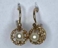 Antique 14ct Gold Pearl Handcut Diamond Safety Wire French Earrings Original Box