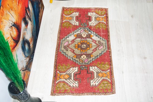 Red vintage turkish rug - turkish, 19x36