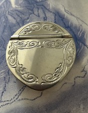 Vintage English Sheffield Pewter Snuff Box Pill Tobacco Holder ornate lid 