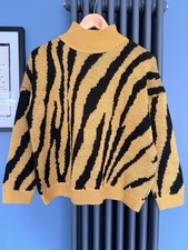 Tiger Stripe Jumper Yellow Black High Neck Knit Y2K Grunge Statement Sweater 80s