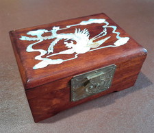 Vintage Chinese Wooden Jewellery Box With Inlaid Mother Of Pearl Lid