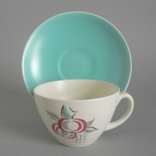 POOLE POTTERY RED PIPPIN TEA CUPS & SAUCERS DUOS YU PATTERN 1950S VINTAGE PAVELY