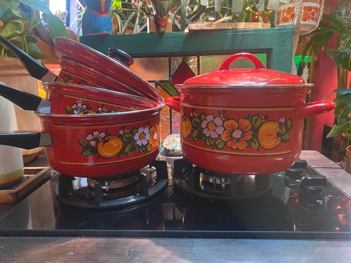 Vintage enamel pan set 1960s - vintage,