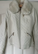 Fake Leather Jacket White  Women 12 With Fur Collar Detachable Sips And Pockets 
