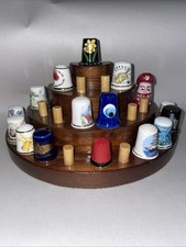 Vintage Wooden Sectional Thimbles Stand - Part Filled 16 Thimbles - Holds 24