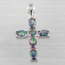 Latin Cross 4x6 Oval Rainbow Mystic Topaz Silver Jewelry Necklace Pendant