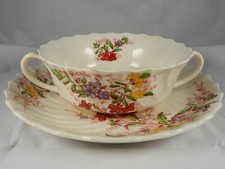Spode 'Fairy Dell' double handled soup bowl and saucer.