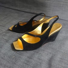 Vintage 1990s Luc Berjen Paris Black Suede Wedge Gold Elegant Leather Shoes 39 6