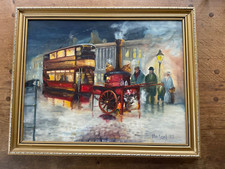 Signed Post Impressionist 1970s Urban Oil Painting TRAM & Roast Chestnut Stall