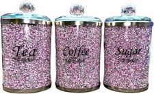 Tea Coffee Sugar Canister Jar Set Pink Sparkly Crystal Bling Gift