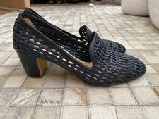 Rupert Sanderson navy Basket Weave Leather Loafers Court Shoes Block Heel Sz. 38