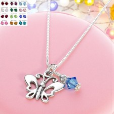 Sterling Silver Butterfly Necklace with Birthstone. Bridesmaids, Women, Girls