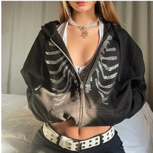Y2k rhinestone skeleton hoodie - rhinestone,