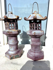 PAIR VINTAGE HEAVY CAST IRON JAPANES TEMPLE CANDLE LANTERNS