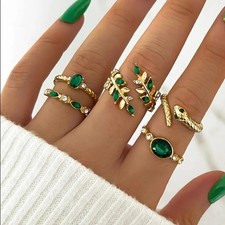 5pcs Gold Green Crystal Ring