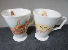 2 Lovely Vintage David Wheeler Fluffy Animals Design Mugs Cute Chicken & Kittens