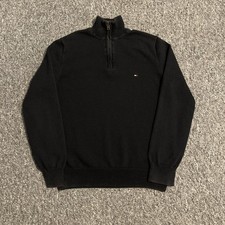Tommy Hilfiger 1/4 Zip Knit Sweatshirt Black 100% Cotton Jumper Ladies Small