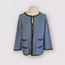 LUISA SPAGNOLI WOMENS BLUE/GREY VIRGIN WOOL SHORT CARDIGAN SWEATER. LARGE-UK 14.