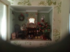 Doll House Room Box Diorama. Christmas Drawing room scene.