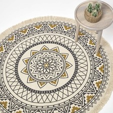 Black & Gold Round Mandala Rug – 145cm Cotton Boho Chic with Tassels