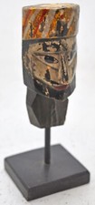 Vintage Wooden Puppet Man Head Bust on Stand Original Old Hand Carved Painted