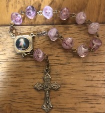 Antique rosary Handheld purple glass silvered crucifix cross Italy 