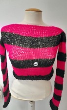 Hot Pink Cropped Hand Knit 70s Style STRIPED punk Jumper Size M