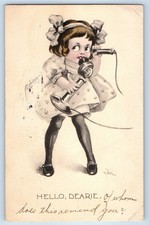 1911 Child Girl With Telephone Wall Signed Artist Newark NJ Antique Postcard