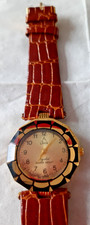 LAVA Crystal Ladies 18k gold Pl Japan Quartz Watch w brown Leather Strap Working