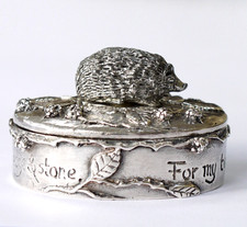 Silver Scenes hedgehog MASJ '89 trinket pill keepsake box,  silver plated pewter
