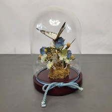 Vintage Taxidermy Butterfly in Glass Dome Display Base Dried & Faux Flowers Blue