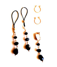Clit Clip and nipple rings or nooses with black crystal Intimate Jewelry Set UK