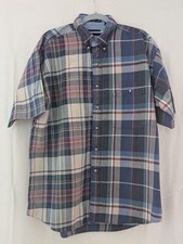 GANT White Water Chambray Shirt Mens L Large Plaid Short Sleeve Button Cotton