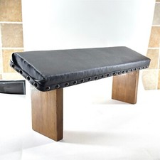 VINTAGE BLACK STUDDED LEATHER TABLE BENCH REST RUSTIC INDUSTRIAL WOOD BASE 21"