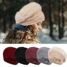 Women Real Rabbit Fur Hat Russian Cossack Cap Beanie Knit Elastic Warm