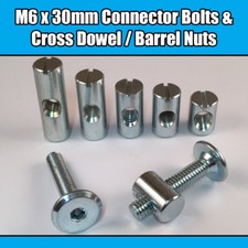 M6 x 30mm Furniture Connector Bolts & Cross Dowel Barrel Nuts Joint Fixing Unit