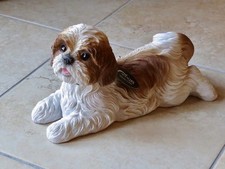 Vivid Arts Shih Tzu Dog Ornament Brown White Laying Garden Statue Gift Resin