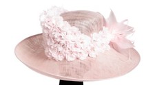 millinery,beautiful pink hat, chiffon flowers sinamay base, ex display piece