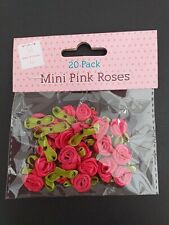 Mini Small Mini Pink Satin Ribbon Rose Buds Flowers with Green Leaves