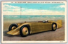 "Golden Arrow" World's Fastest Car Daytona Beach Postcard PM 1931 Scarce