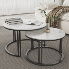 Round Coffee Table Set of 2 Nesting Table Slate Marble White Tabletop End Tables