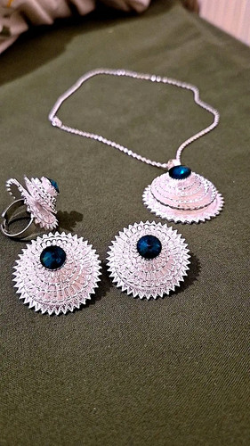 Silver tone blue round crystal - tone,
