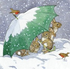 Rabbits & umbrella Charity Christmas Card - Museums Galleries  SINGLE CARD 13cm