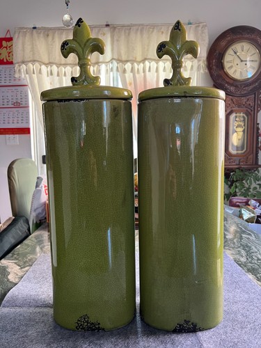Pair large green crackle - large, glaze