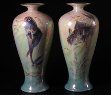 Rare Pair Antique (ca. 1920) English Shelley Luster Vases, Fish, Walter Slater