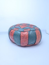 Vintage Mid Century Moroccan Egyptian green red Leather Pouffe Footstool 70’s