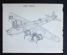 Original WWII Hand-Drawn Aircraft Illustration – Short Stirling Heavy Bomber